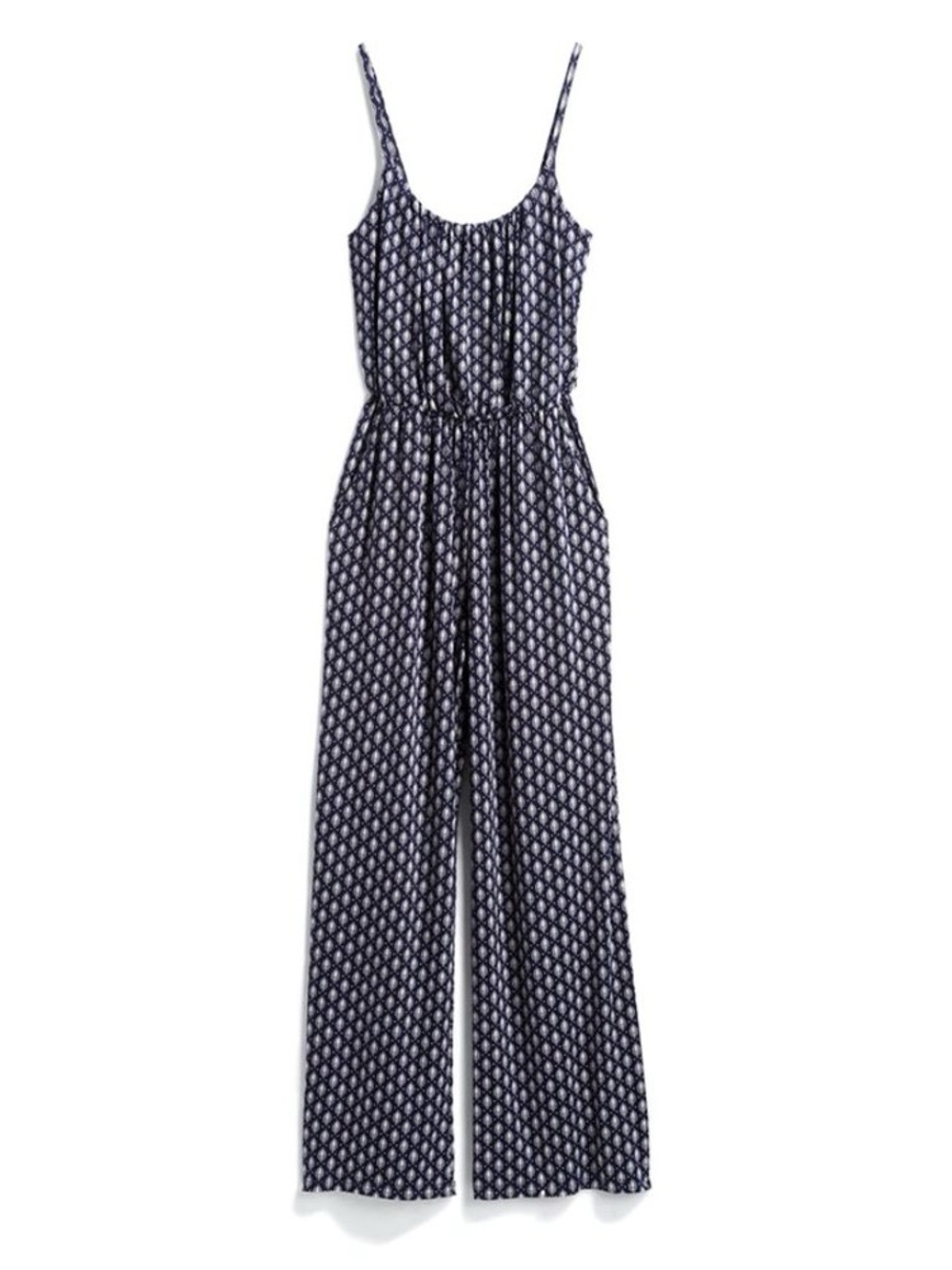 Sleeveless Printed Wide-Leg Jumpsuit in Dark Navy Blue & White